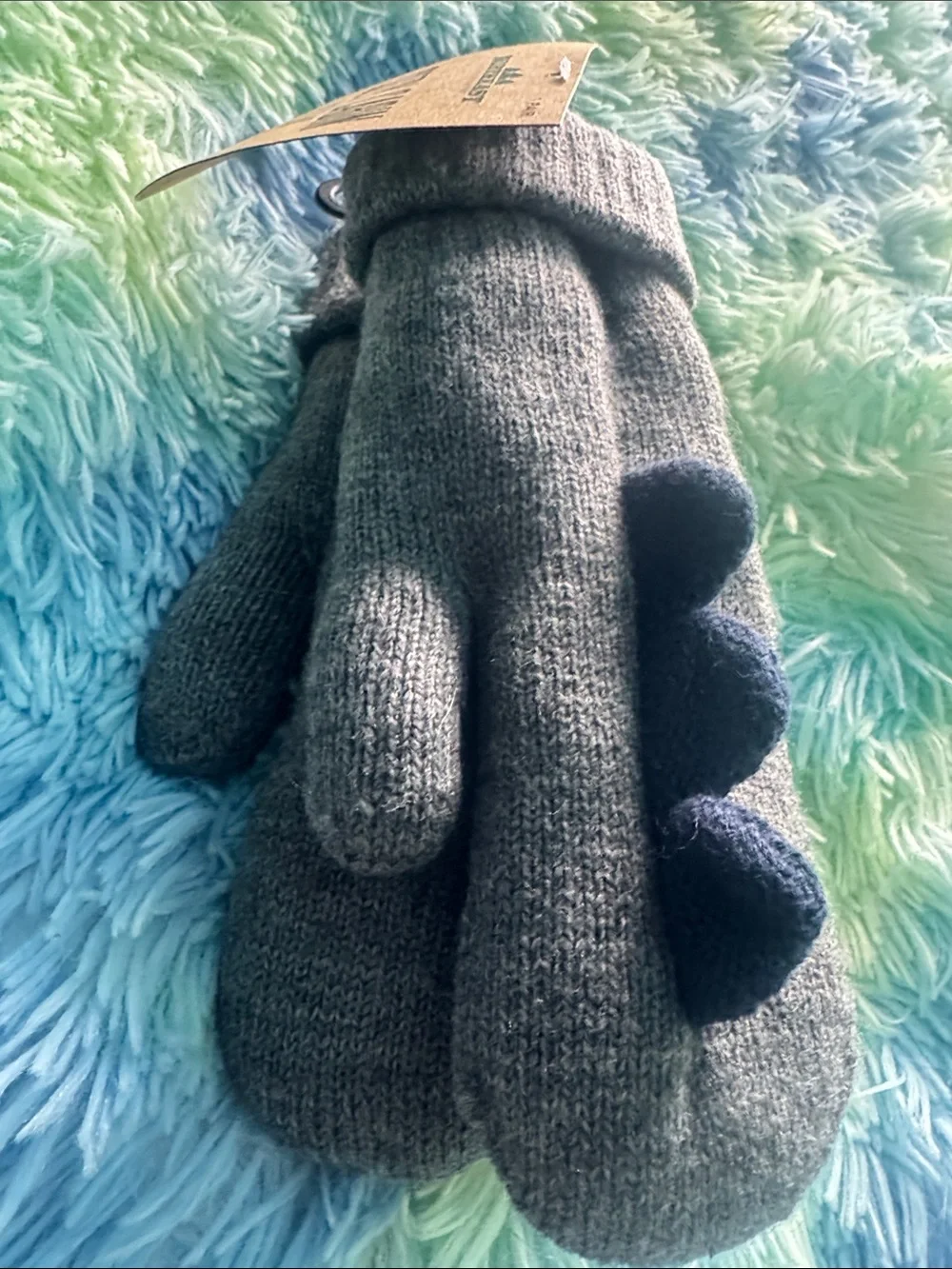 Cozy Cabin Youth Mittens - Gray with Navy Dino Accents